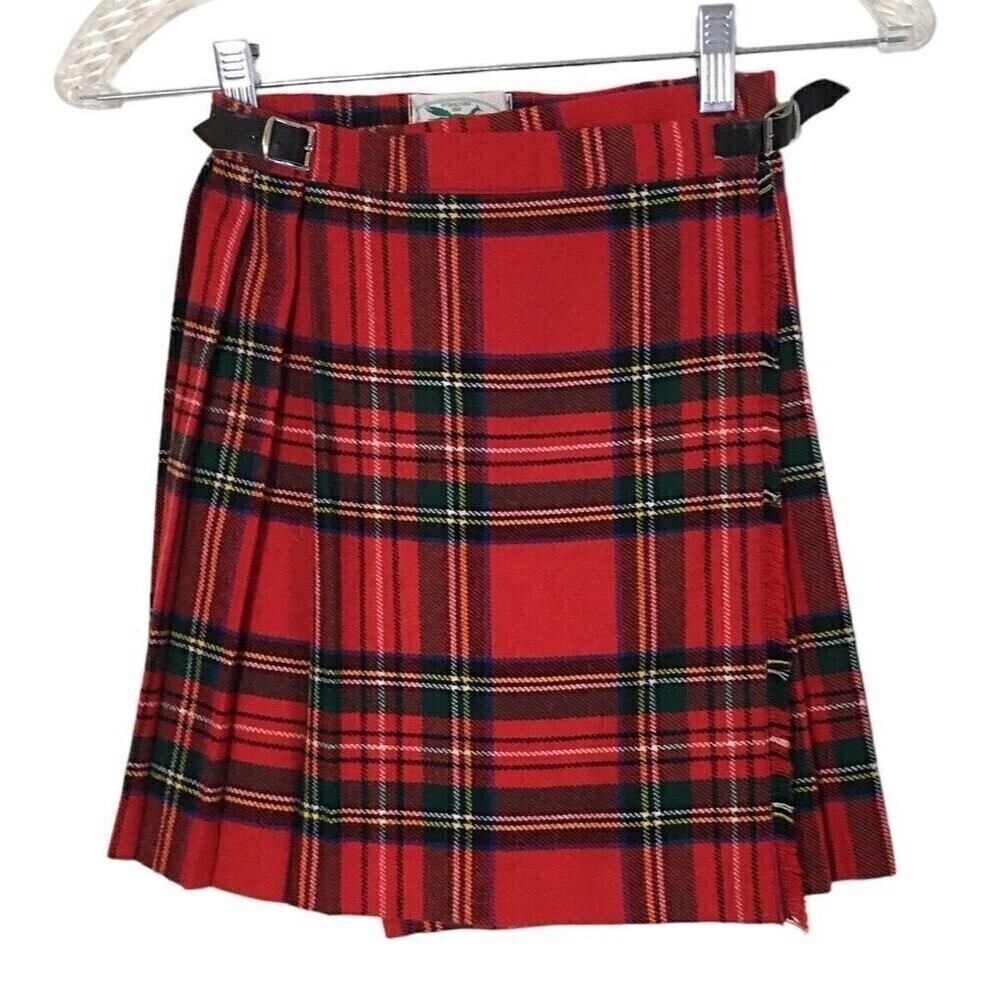 Vintage Blarney Woolen Mills Red Wrap Skirt Women's 26 Tartan Plaid Wool Pleated